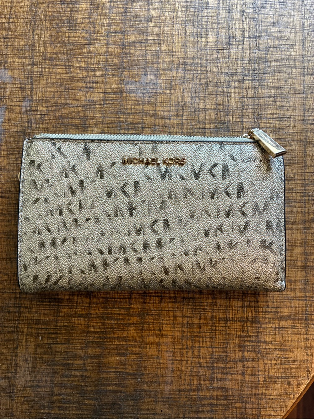 Michael Kors Brown and Gold Signature Zip Wallet